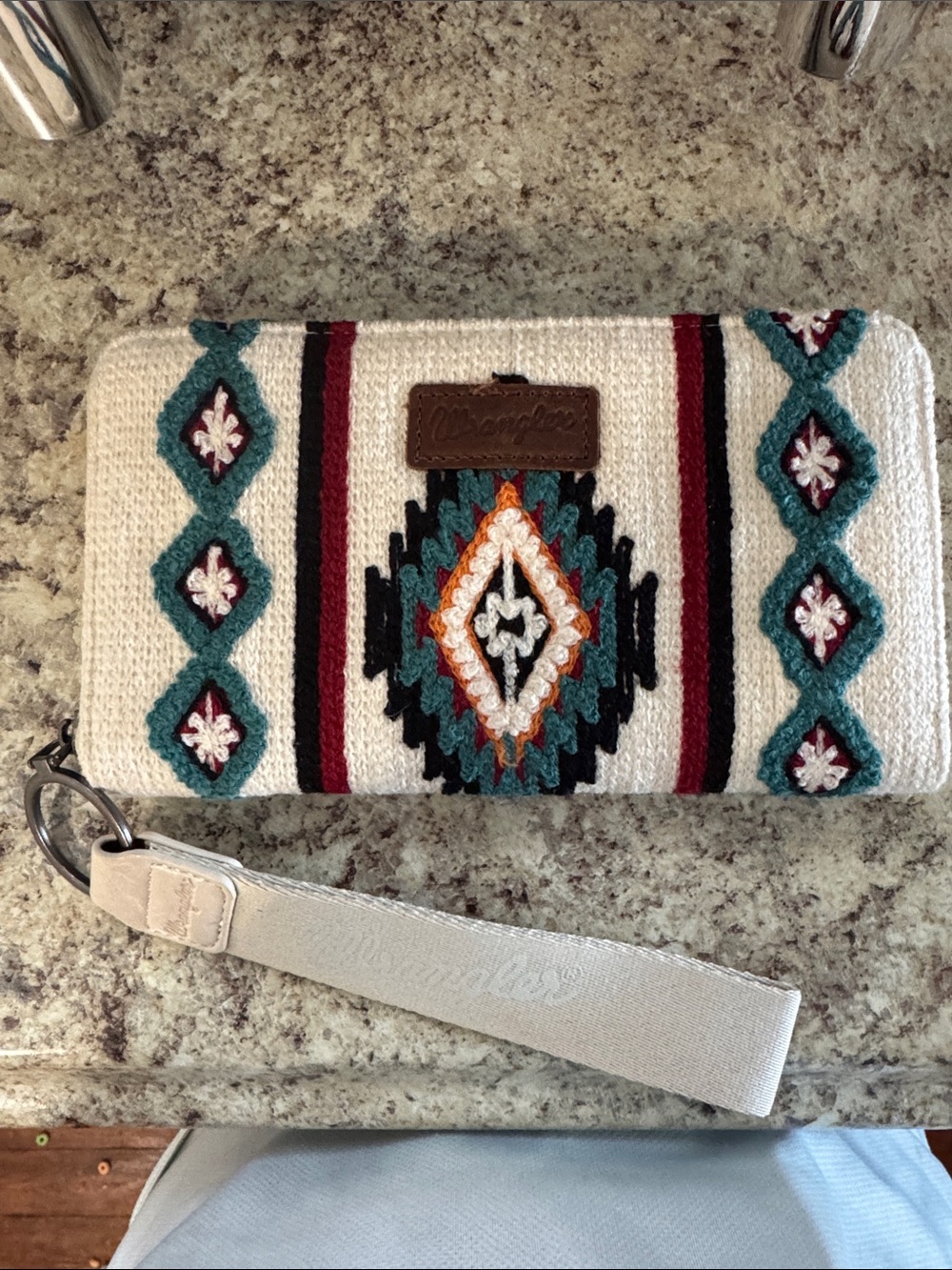 Wrangler Cream Southwestern Embroidered Wristlet with Teal & Burgundy Accents